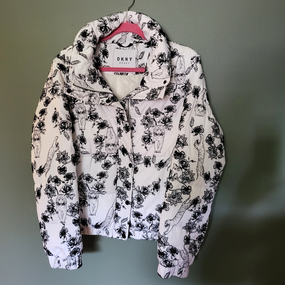 DKNY White Animal Print Winter Coat, Size Large